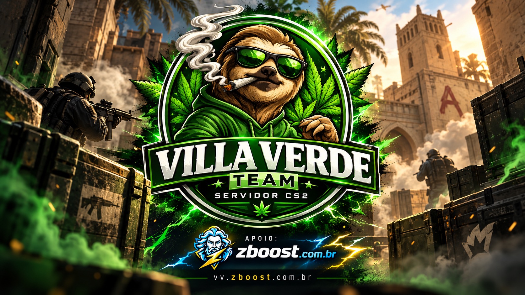 Arte oficial do servidor: escudo da Villa Verde Team sobre um cenário de CS2, com o apoio zboost.com.br e o endereço vv.zboost.com.br